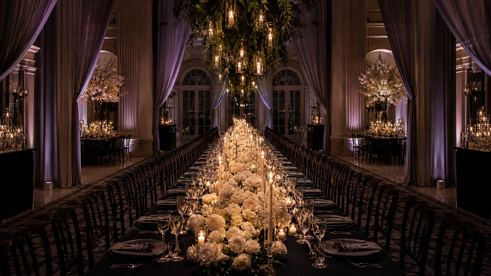 A candlelit wedding reception dressed in ivory and lilac